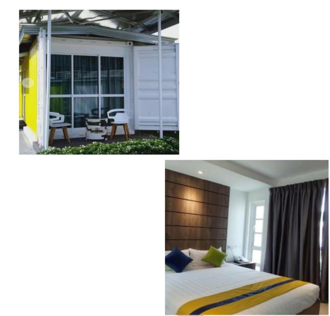 two pictures of a bedroom with a bed and a patio at Solesor Kampong Beach Resort in Port Dickson