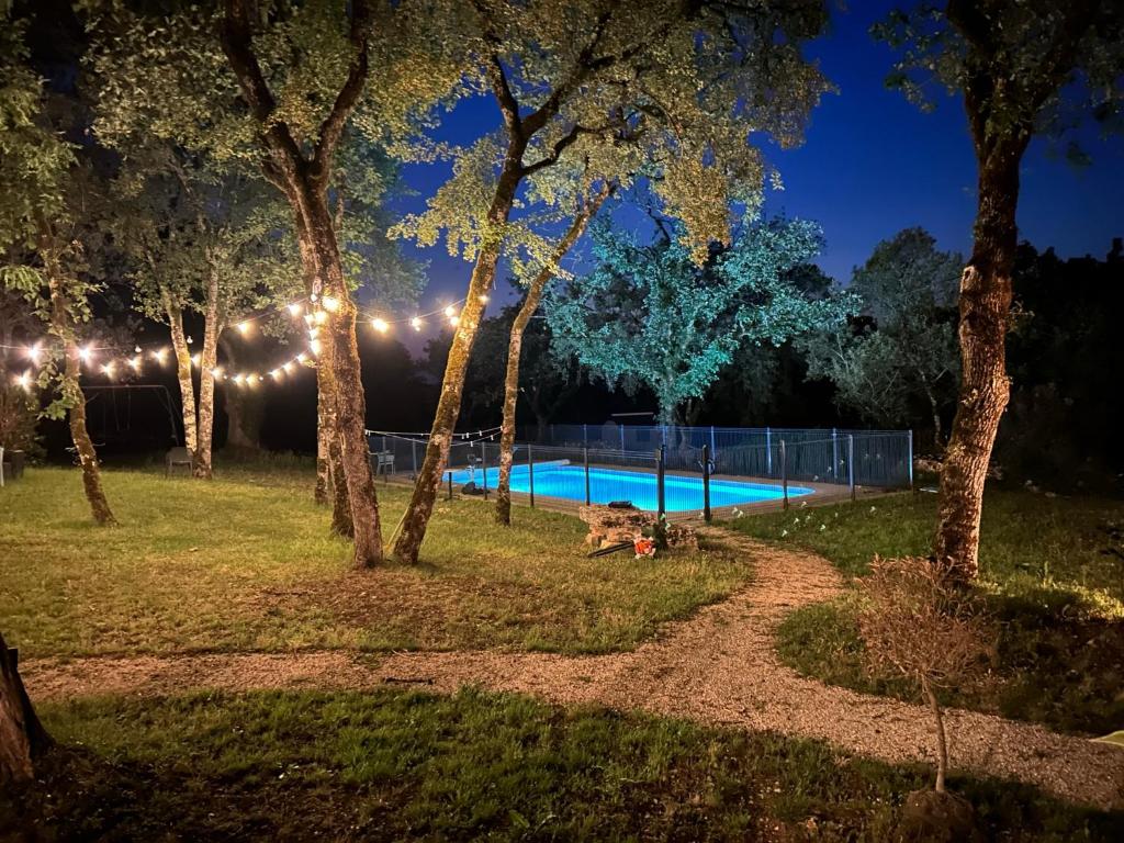 a swimming pool in a park at night with lights at Le Domaine de la Claire Fontaine gites & chambres d'hôtes avec spas privatifs in Montvalent