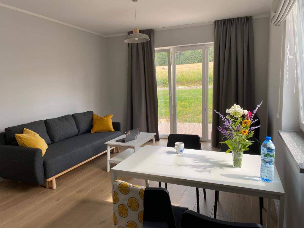 ein Wohnzimmer mit einem Sofa und einem Tisch in der Unterkunft Apartamenty Spalona Sport in Spalona