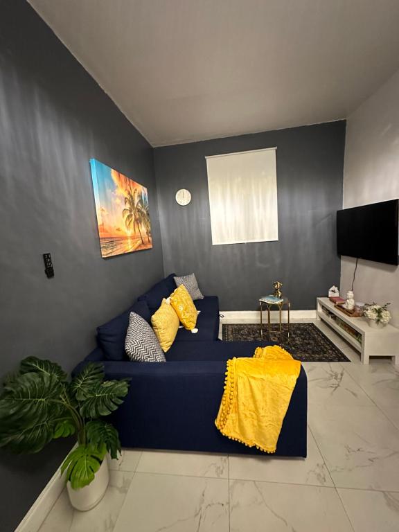 a blue couch with yellow pillows in a living room at Cozy Guest House 1.9 miles from Hard Rock Stadium in Miami Gardens