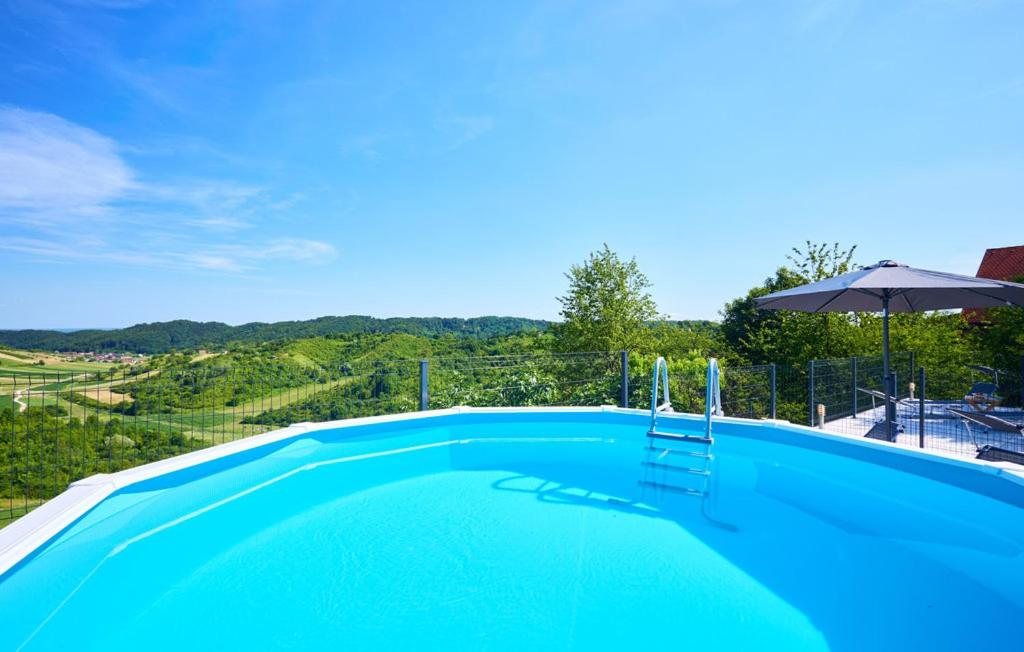 una gran piscina azul con sombrilla en Kuća za odmor Prinčeva oaza, en Molvice