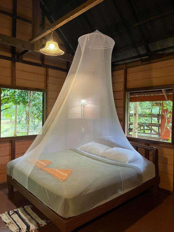 a bed with a mosquito net in a room at Khao Sok Green Mountain View in Khao Sok National Park