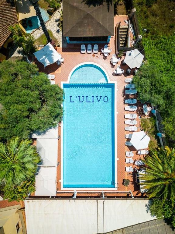 una vista dall'alto di una piscina con lettini di Hotel L'Ulivo a Girasole