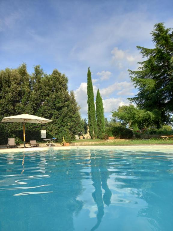 una piscina con sombrilla, sillas y árboles en Agriturismo Poderino, en Cinigiano