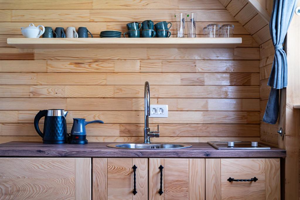 una cucina con lavandino e pareti in legno di Apartments CENTER OF THE WORLD a Žabljak