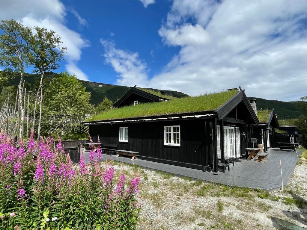 a black house with a grass roof at Tuftebo with hiking trails just right outside the door 