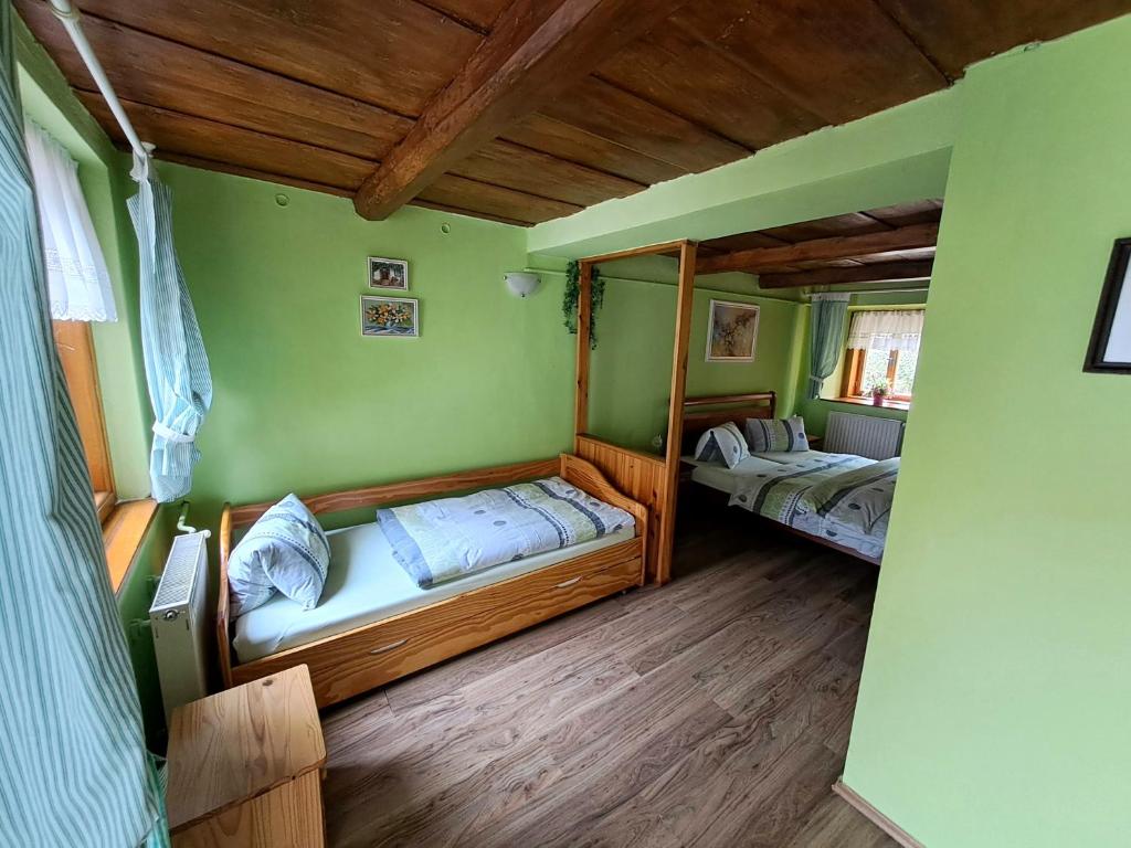 two beds in a room with green walls and wooden floors at Kamélie in Česká Kamenice