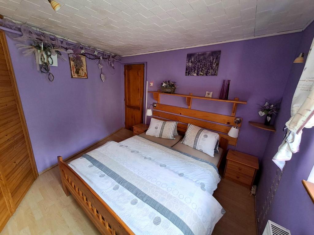 a bedroom with a bed in a purple wall at Kamélie in Česká Kamenice