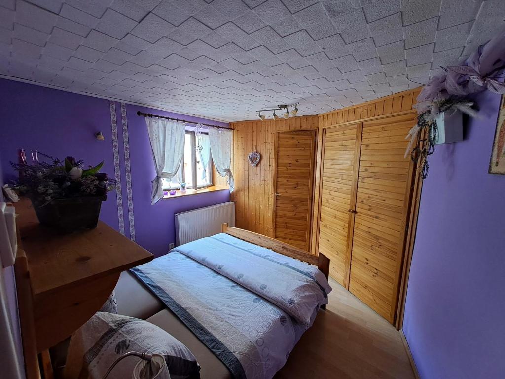 a bedroom with purple walls and a bed in a room at Kamélie in Česká Kamenice