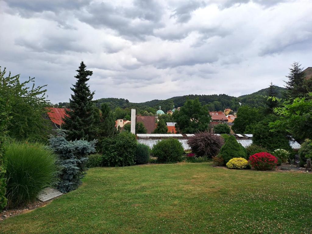 a garden with a view of a house and a pond at Kamélie in Česká Kamenice