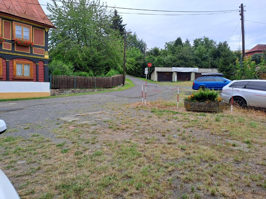 a street with a house and cars parked on the road at Kamélie in Česká Kamenice
