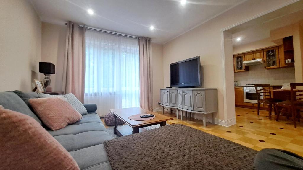 a living room with a couch and a flat screen tv at Apartamenty Nadbrzeżna Premium 2 in Augustów