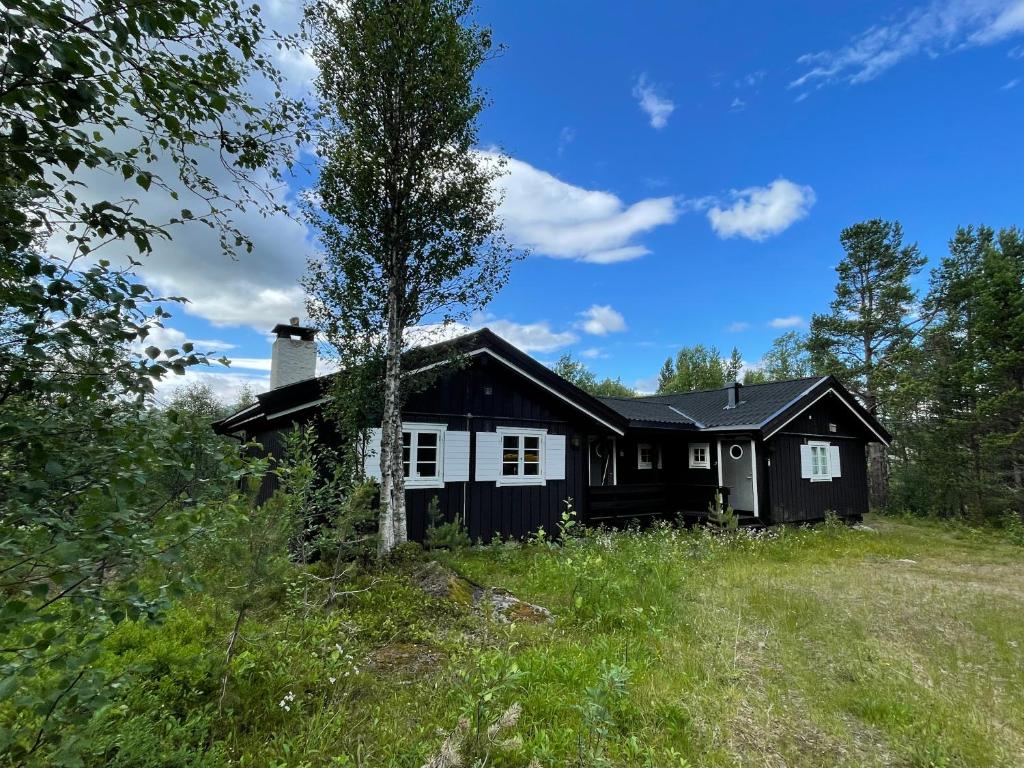 a black house in the middle of a field at Baybu - cabin close Geilo Skisenter and the center of Geilo in Geilo