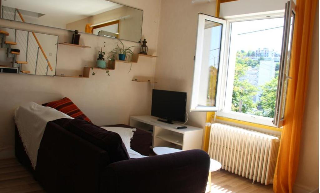 a living room with a couch and a tv and a window at Studio rénové avec goût in Poitiers