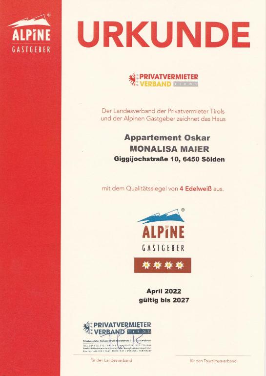 Certifikát, ocenenie alebo iný dokument vystavený v ubytovaní Appartement Oskar
