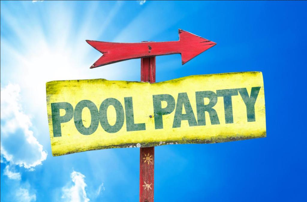 a street sign with a red arrow and the words pool party at Villa Freebird VIP Wedding & Bachelor Party Events Δεξιώσεις Γάμου - Μπάτσελορ Πάρτι in Pefkohori