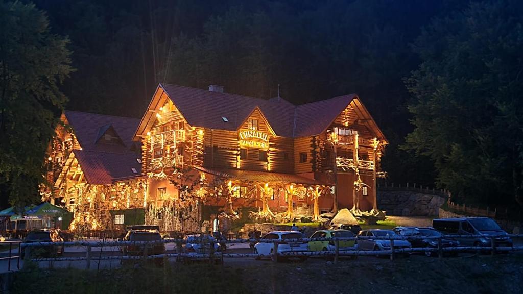a large house with christmas lights in front of it at Conacul Radacinilor in Petroşani