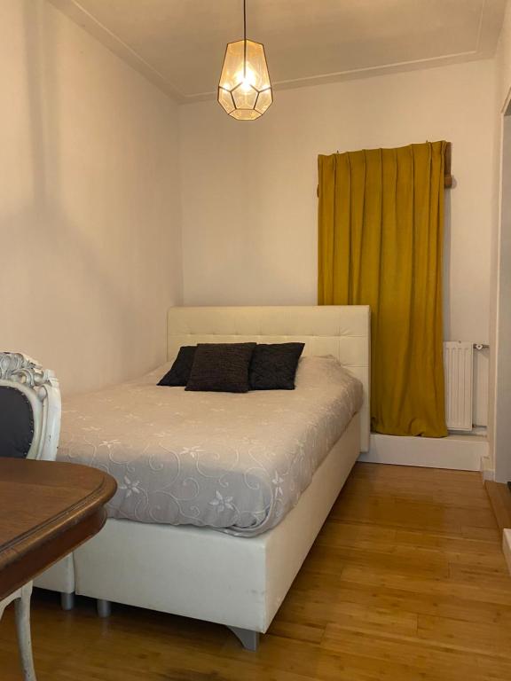 アルクマールにあるMini Apartment 30 m2 with in the hart of Alkmaarのベッドルーム(白いベッド1台、黄色のカーテン付)