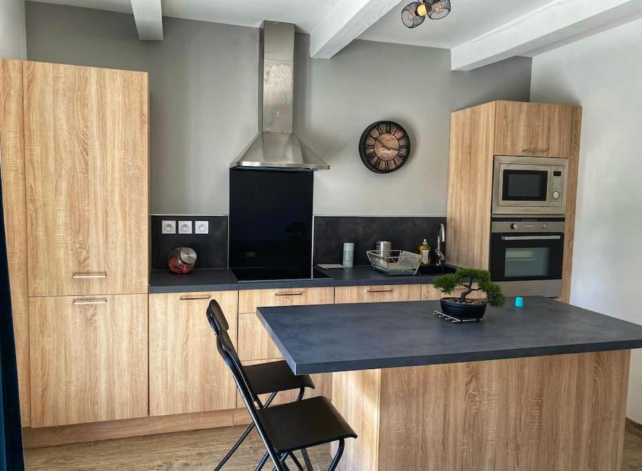 une cuisine avec des armoires en bois et un comptoir dans l'établissement Marigny Appartement, à Villeneuve-lès-Maguelone