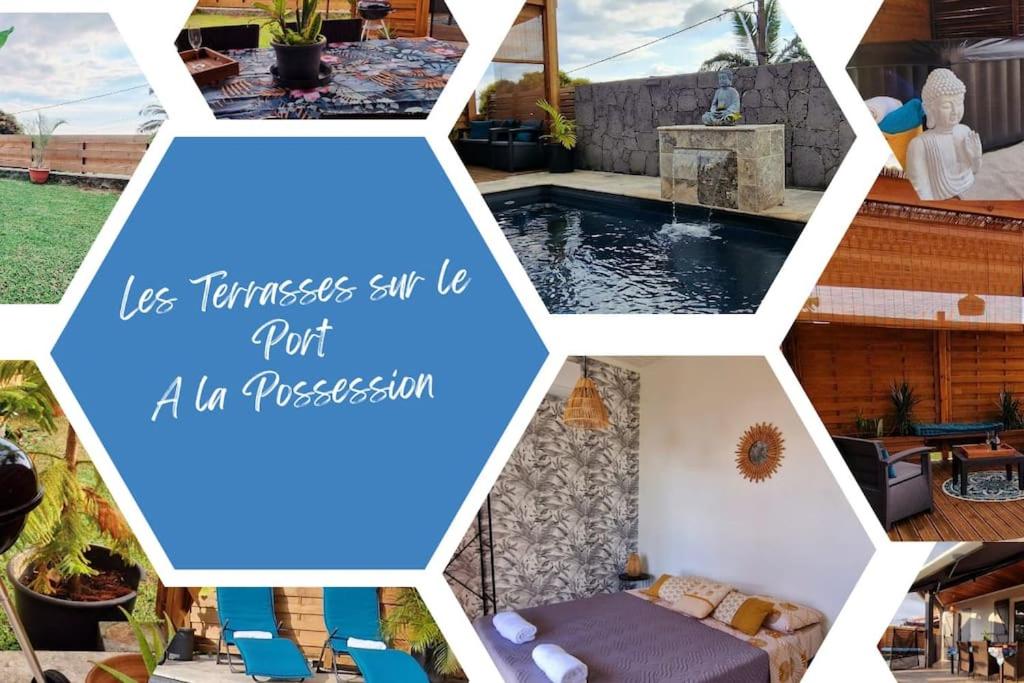 un collage de fotos de una piscina y una casa en La villa Les Terrasses sur le Port, 6 personnes, en La Possession