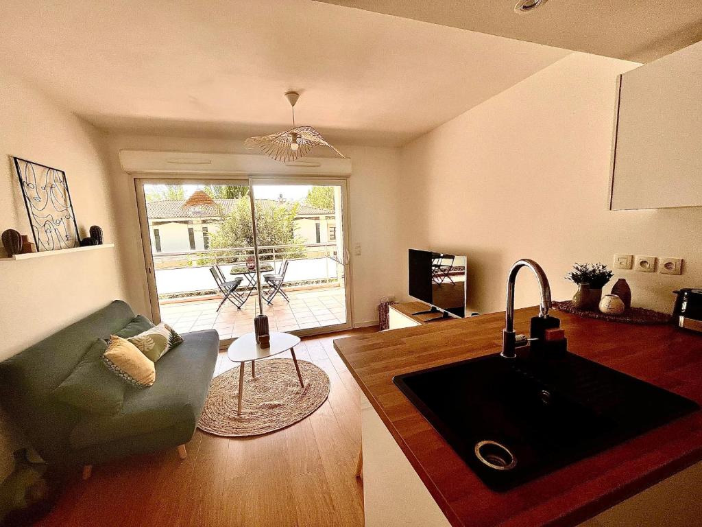 エクス・アン・プロヴァンスにあるBel appartement au calme climatisé avec terrasseのキッチン、リビングルーム(ソファ、シンク付)