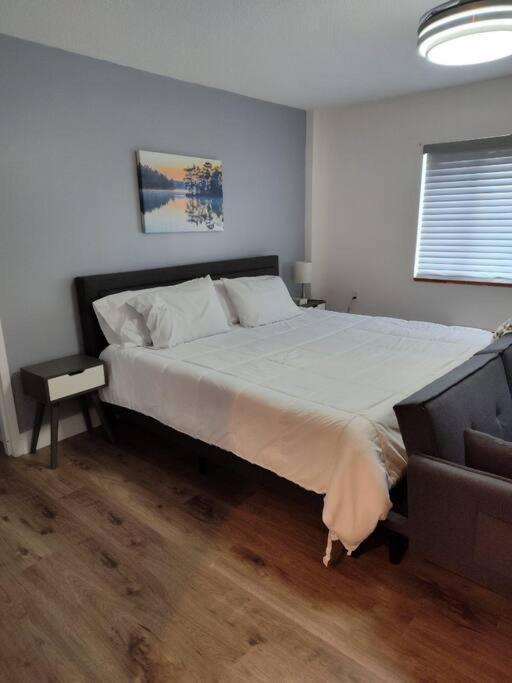 加兹登Serene Studio Apt in Gadsden AL的带一张大床和一张沙发的卧室