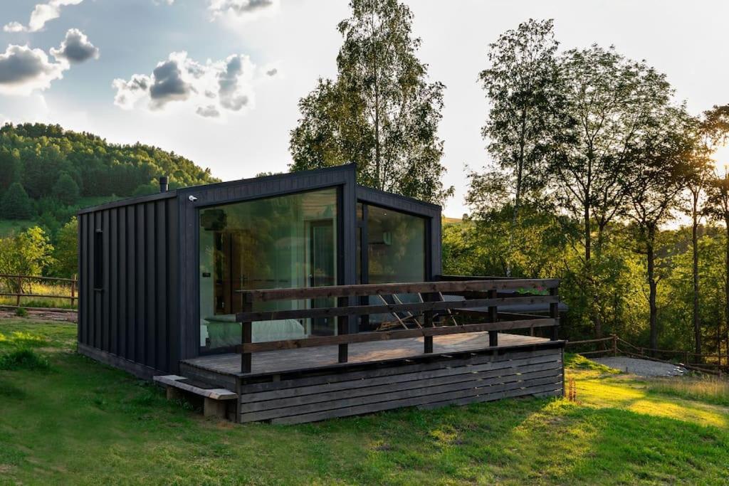 una casita negra en medio de un campo en Domek z sauną Neptun en Krzyżowa