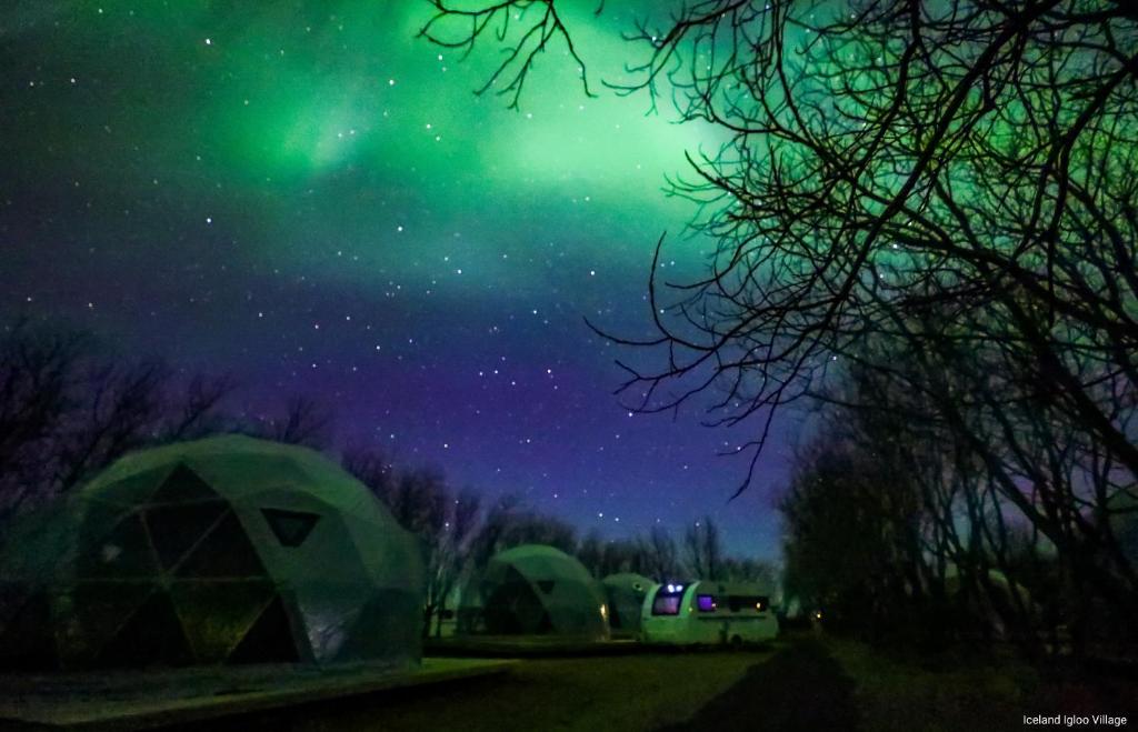 un grupo de tiendas de campaña bajo la aurora boreal en Iceland Igloo Village, en Hella