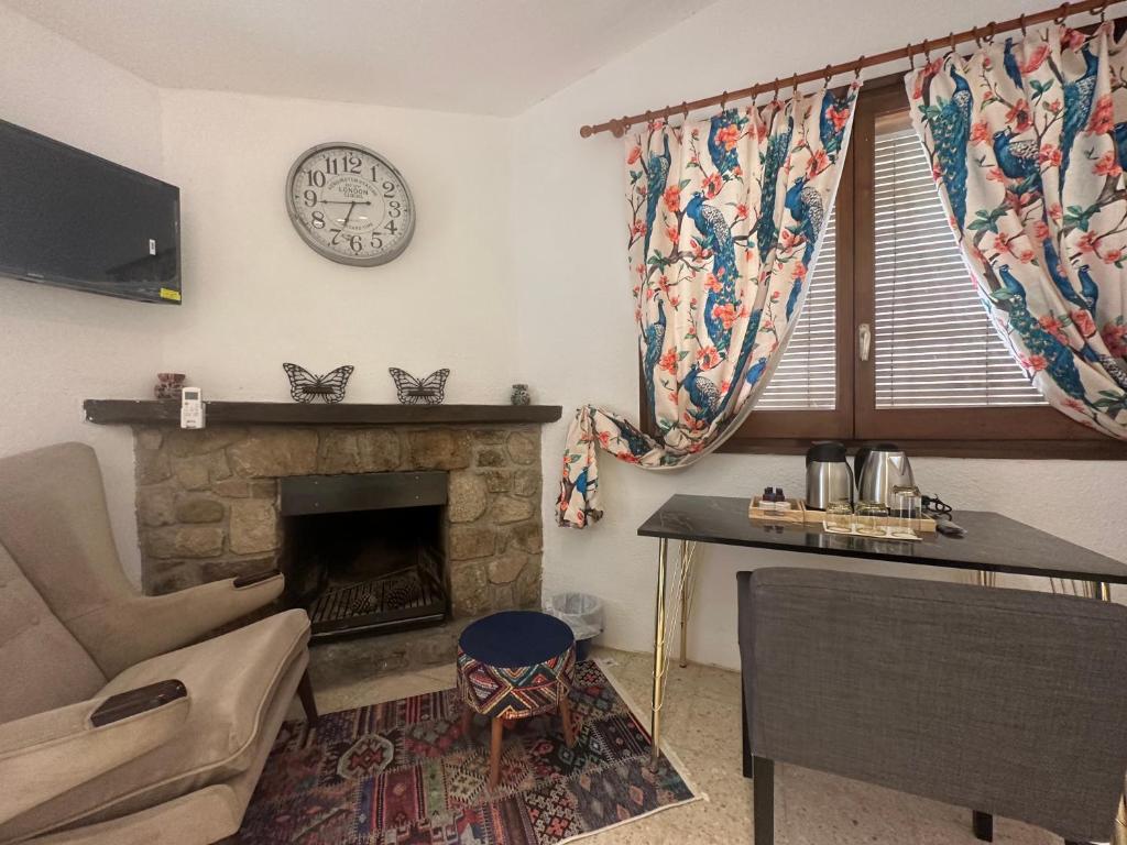 ein Wohnzimmer mit einem Kamin und einer Uhr an der Wand in der Unterkunft Hidden garden Central and quiet rest in Barcelona