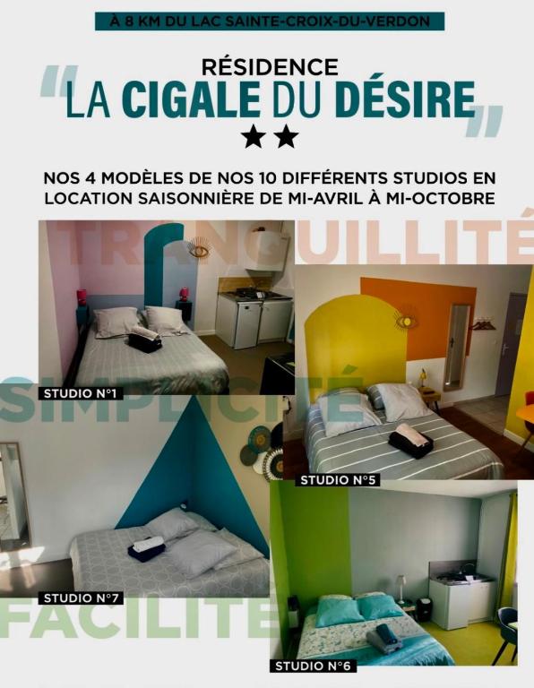 un collage de deux photos d'une chambre avec deux lits dans l'établissement Résidence La Cigale du Désire Séjour chez l habitant, à Riez