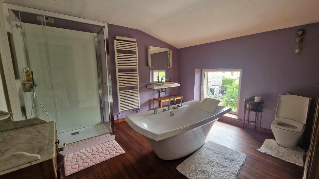 een badkamer met een bad, een douche en een toilet bij Chez Mary et Stef in Verdun-sur-Meuse