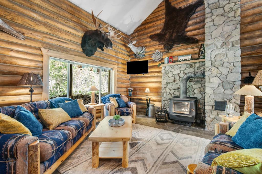 a living room with a couch and a stone fireplace at Cabin on Gibbonsville Road 