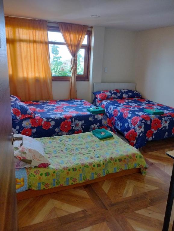 1 dormitorio con 2 camas y una ventana con cortinas en Finca Bella Vista Posada Rural, en Toca