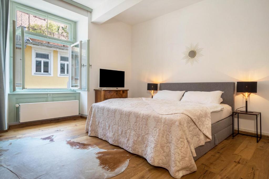 a bedroom with a bed and a television in it at Insel Chalet Lindau in Lindau