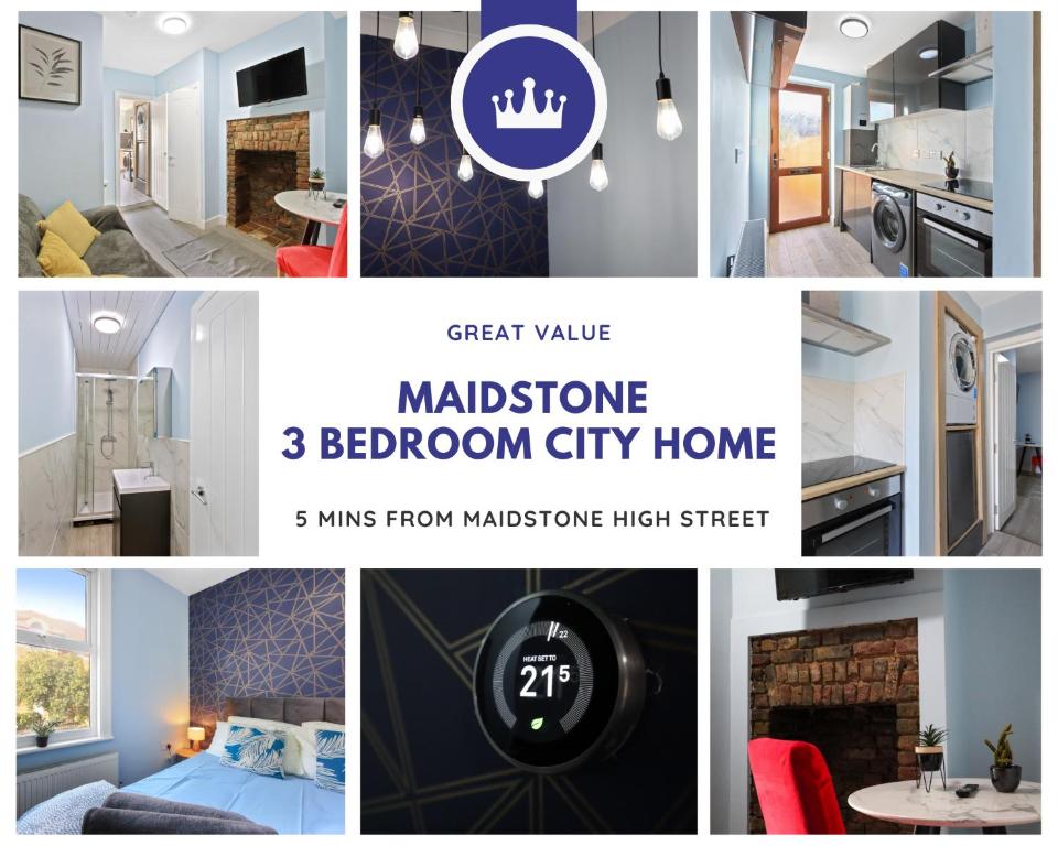 a collage of photos of a bedroom and a bedroom apartment at Pet Friendly Maidstone City Home - 3 Bedrooms with Fast Wi-Fi in Maidstone