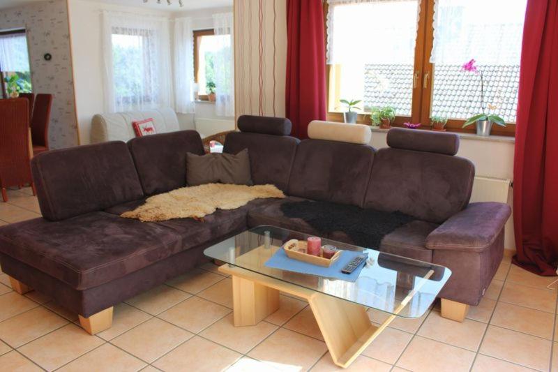 a living room with a brown couch and a glass table at Ferienwohnung Link in Hellenthal