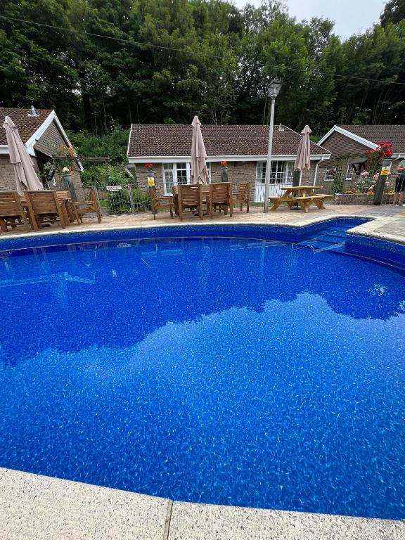 a blue swimming pool with chairs and a house at 14 Granite Henge in Looe