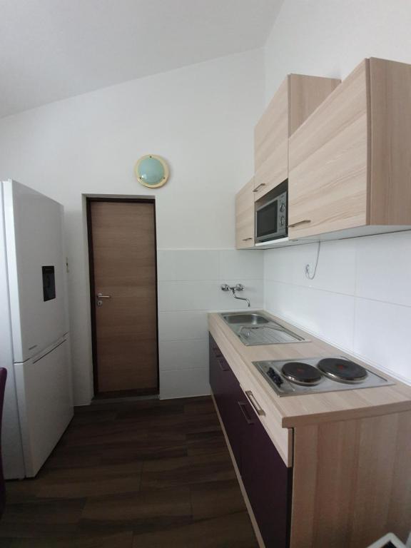 una piccola cucina con piano cottura e porta di Seline, Apartman Pavić a Seline