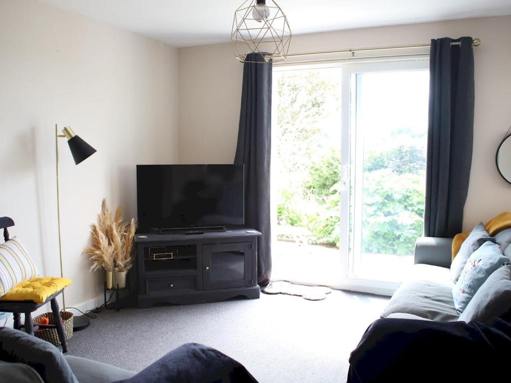 uma sala de estar com uma televisão e um sofá em Pass the Keys Pet friendly Garden flat in Carmarthen em Carmarthen