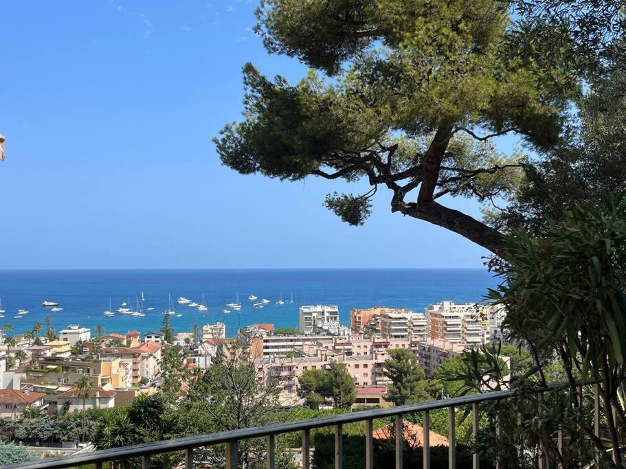 a view of a city with a tree and the ocean at Appartement spacieux, vue imprenable in Roquebrune-Cap-Martin