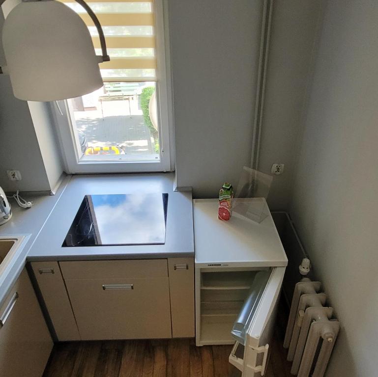 uma pequena cozinha com um lavatório e uma janela em Apartament em Nakło nad Notecia