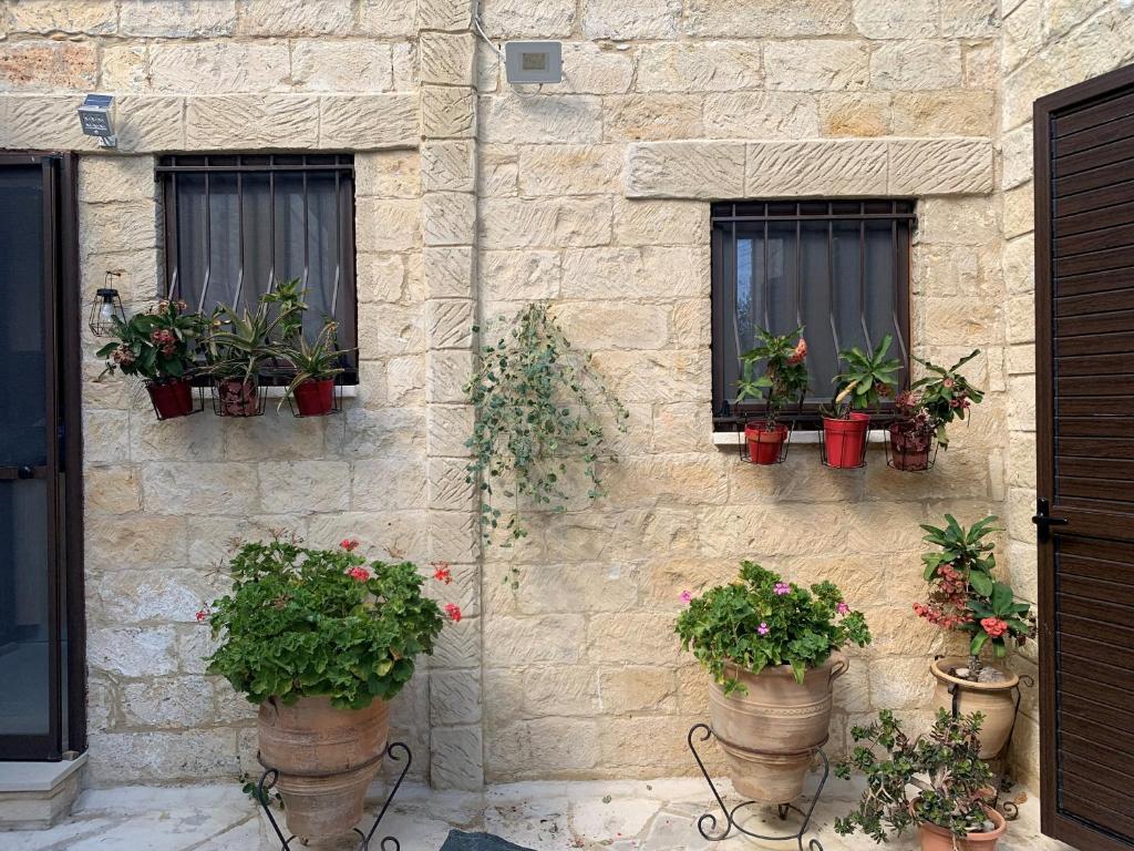 uma parede de pedra com vasos de plantas ao lado de um edifício em Cosy Piano village cottage in Pachna em Limassol