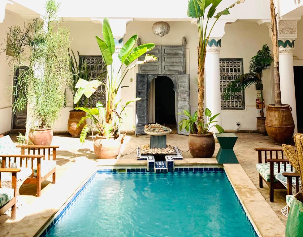 een zwembad op een binnenplaats met planten bij Riad De Vinci & SPA in Marrakesh