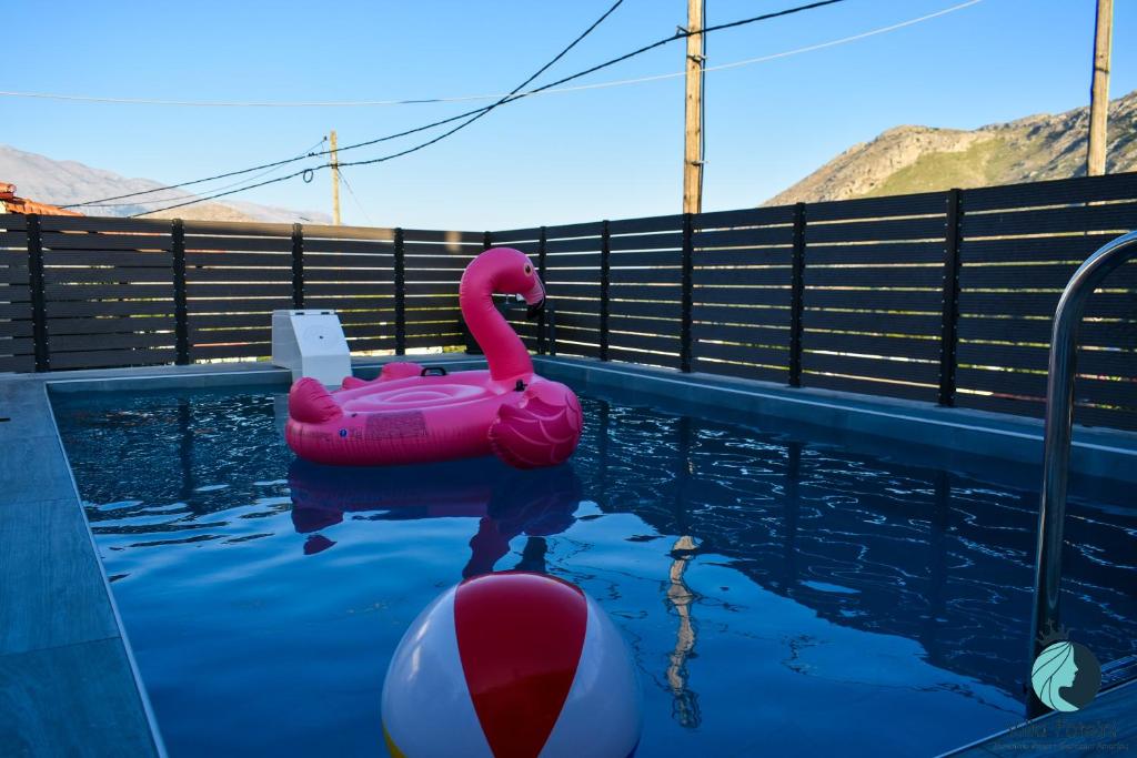 un cisne rosa en el agua en una piscina en Villa Foteini en Yerakárion