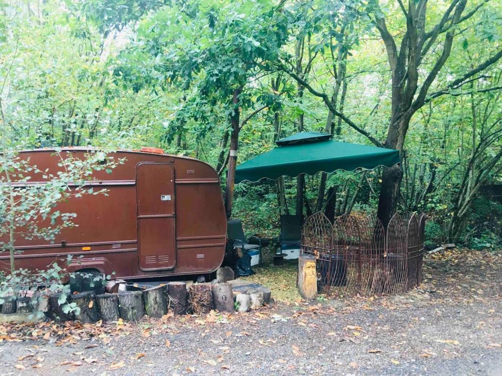 an old rv parked under a green umbrella at little vintage caravan with cosy log burner in Canterbury