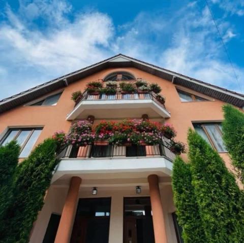 un edificio con un balcón con flores. en Casa Ana, en Moneasa