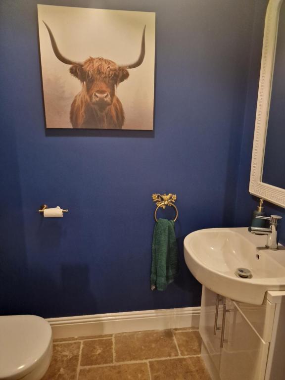 a bathroom with a bull picture on the wall at Shanadune in Tralee