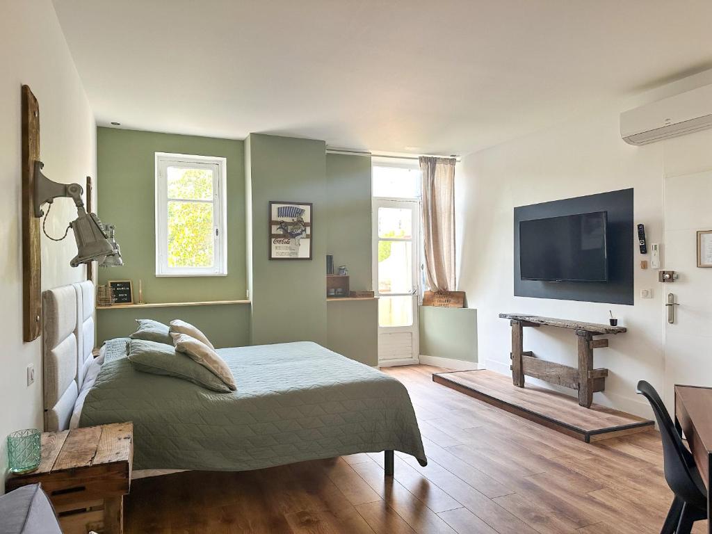 um quarto com uma cama e uma televisão de ecrã plano em Chambres d'hotes - Le Magnolia em Carcassonne