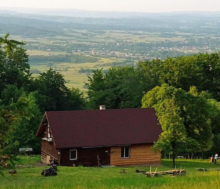 Dom Wypoczynkowy Cieklinka في Dębowiec: منزل خشبي في حقل اشجار
