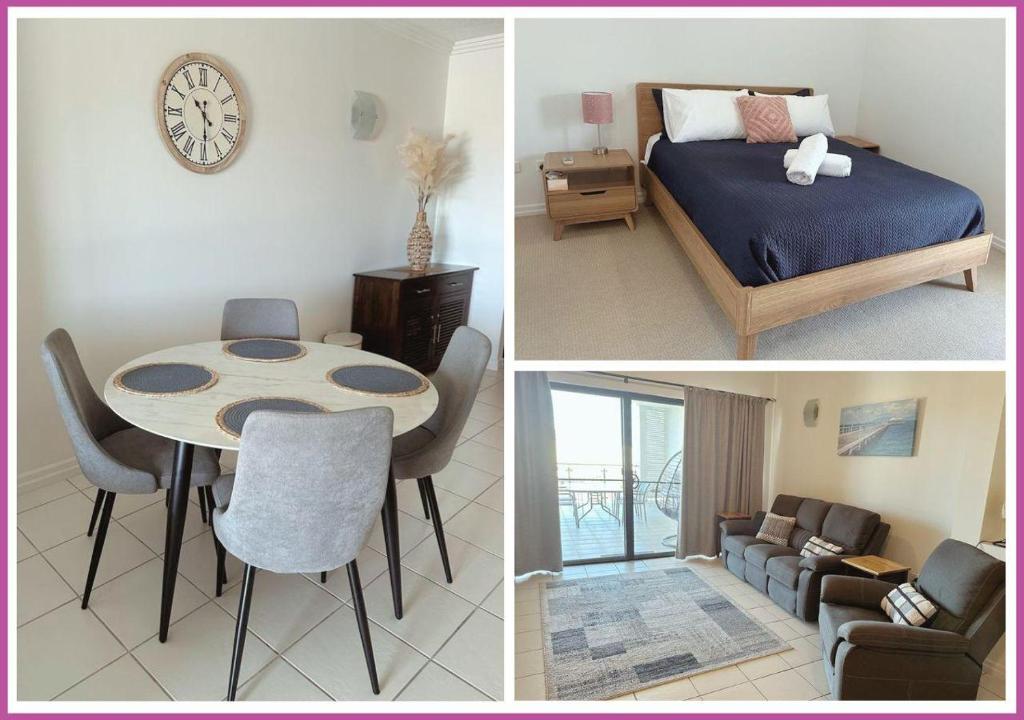 3 fotos de una habitación con cama y mesa en Marina Views On Melton | 107/3 Melton Terrace Townsville, en Townsville